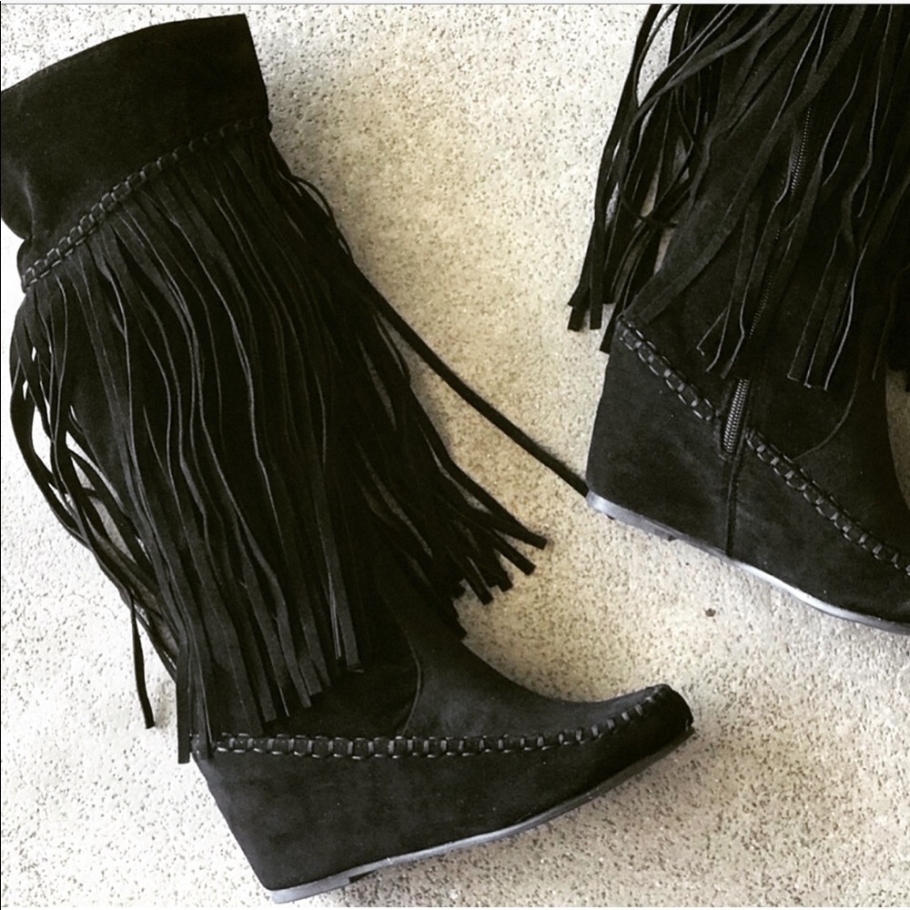 New! Black Fringe Moccasin Knee High Wedge Boot